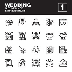 Fototapeta na wymiar Icon set Wedding made with outline black technique, contains a ring, invitation, gift, souvenir, car, cake, mosque, church and more. You can be used for web, mobile and ui. Editable stroke.