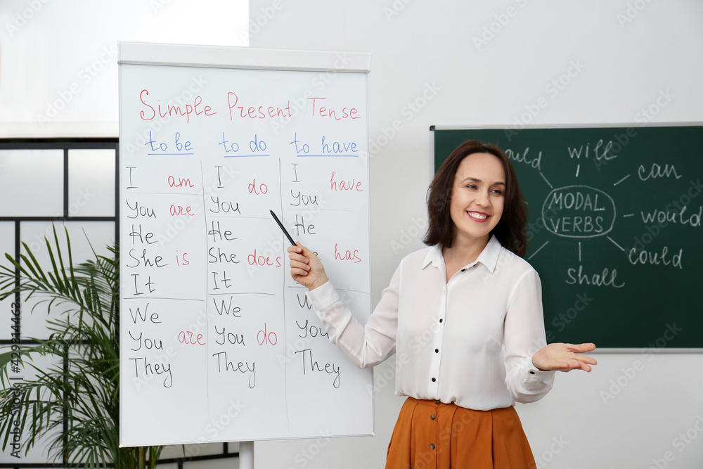 Poster english teacher giving lesson on simple present tense near whiteboard in classroom