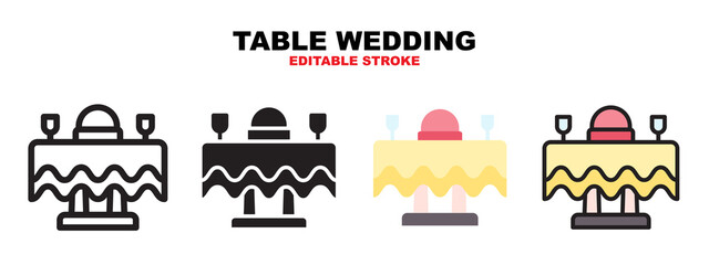 Table Wedding icon set with different styles. Icons designed in filled, outline, flat, glyph and line colored. Editable stroke and pixel perfect. Can be used for web, mobile, ui and more.