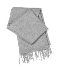 Stylish grey cashmere scarf isolated on white, top view