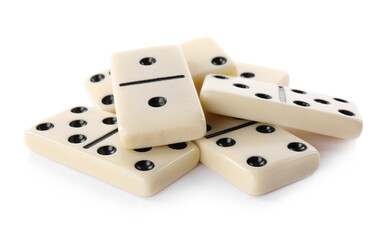 Pile of classic domino tiles on white background