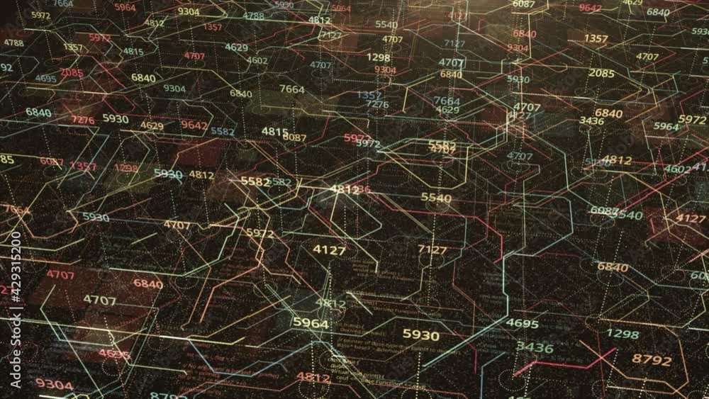 Poster flying inside virtual processor with running electrons and digital codes. animation. inverting numbe