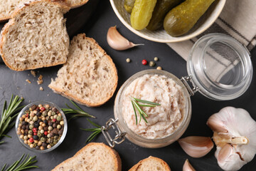 Delicious lard spread on black table, flat lay