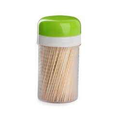 Holder with wooden toothpicks on white background
