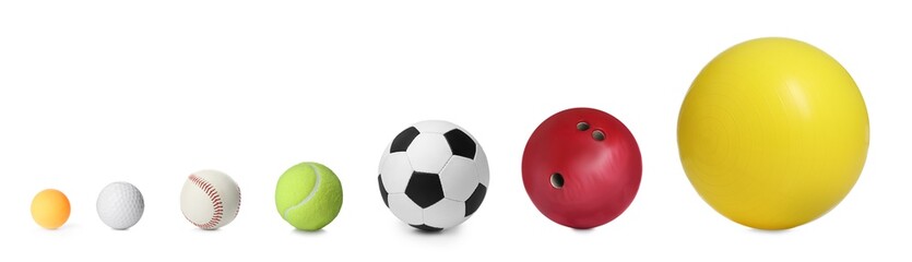 Set with different balls on white background, banner design. Sports tools