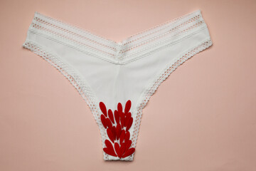 Woman's panties with red flower petals on peach  background, top view