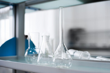 Empty flasks. Laboratory analysis equipment. Chemical laboratory, glassware test-tubes
