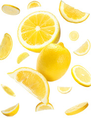 Fresh cut lemons flying on white background