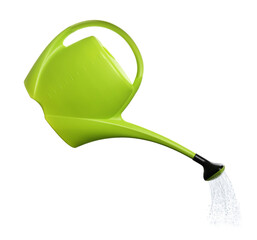 Pouring liquid from watering can on white background