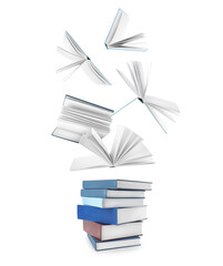 Stacked and flying books on white background, collage