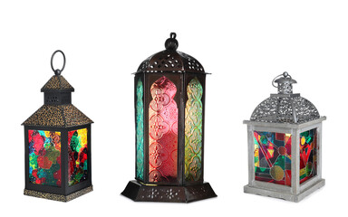 Set with different traditional Arabic lanterns on white background