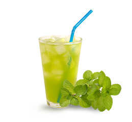 Mojito cocktail with mint leaves isolated on white background.