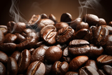 Pile of roasted coffee beans, closeup view