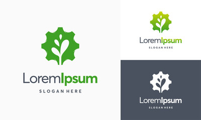 Modern nature technology logo, leaf and gear machine vector, Agriculture logo template icon, Green Eco Tech Logo Template Design Vector, Nature Industry