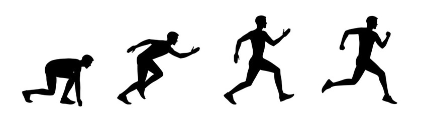Fototapeta na wymiar Hombre corriendo. Conjunto de persona, atleta, hombre corriendo en diferentes posiciones. Ilustración vectorial estilo silueta
