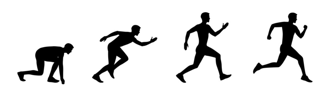 Hombre corriendo. Conjunto de persona, atleta, hombre corriendo en diferentes posiciones. Ilustraci&oacute;n vectorial estilo silueta