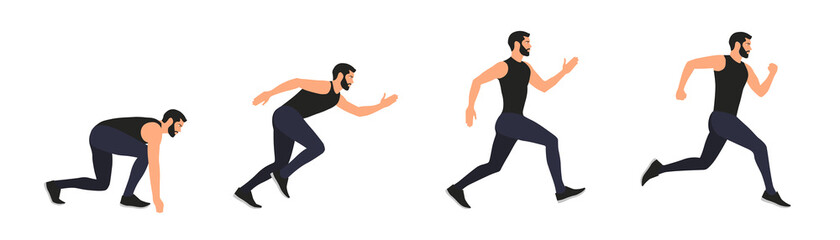 Fototapeta na wymiar Hombre corriendo. Conjunto de persona, atleta, hombre corriendo en diferentes posiciones. Concepto de deporte. Ilustración vectorial
