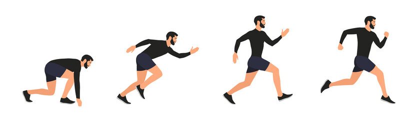 Hombre corriendo. Conjunto de persona, atleta, hombre corriendo en diferentes posiciones. Concepto de deporte. Ilustración vectorial