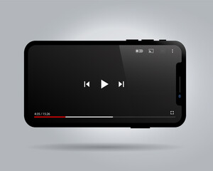 Video player. Realistic vector smartphone screen movie window template. 