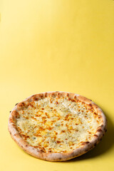 Top view of margherita pizza on bright background