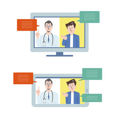 Fototapeta na wymiar オンラインで話す男性医師と男性患者のイラスト素材