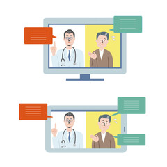 オンラインで話す男性医師と男性患者のイラスト素材