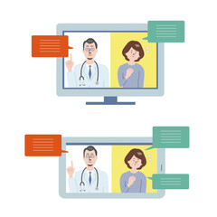 オンラインで話す男性医師と女性患者のイラスト素材