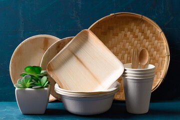 Biodegradable utensil, Natural packaging product (dish, plate, bowl, basket and cup), Eco friendly and sustainable concept