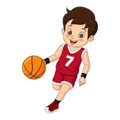 Cartoon cute little boy playing basketball