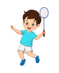 Cartoon happy little boy playing badminton