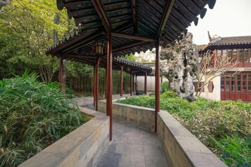 Landscape, window and door architecture, old building structure in Lingering Garden, a classical Chinese garden in Suzhou, China