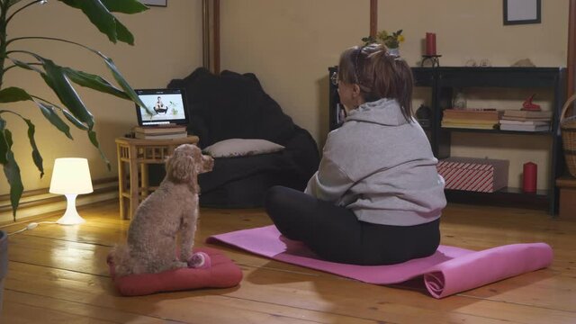 Mature woman watching online yoga class and exercising at home