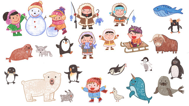 Arctic people and animals. Cartoon Drawing cute oil pastel drawing crayon doodle for children book illustration, poster, or wall painting. walrus, whale, polar bear, arctic fox, seal, muskox, penguin