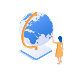 A girl stands in front of a large globe. the concept of exploring the world, study. Isometric vector illustration. Isolated on white background