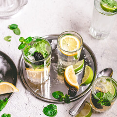 Overhead shot of blackberry and lime mojitos. 