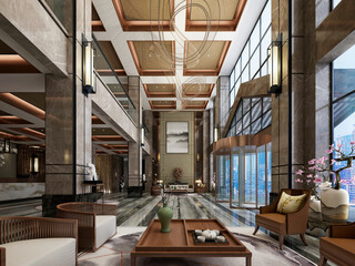 3d render luxury hotel lobby reception