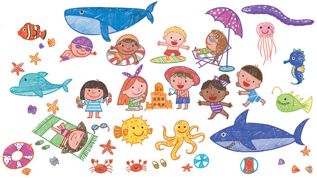 Children Play on the Beach Ocean Sea Holiday Party Cartoon Drawing cute oil pastel drawing crayon doodle for children book illustration, poster, or wall painting. shark, clown fish, jellyfish, dolphin