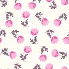 Seamless floral pattern based on traditional folk art ornaments. Colorful flowers on light background. Scandinavian style. Sweden nordic style. Vector illustration. Simple minimalistic pattern