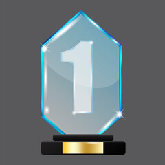 First place trophy. Win prize. Crystal one pedestal. Winner award. Round podium. Vector illustration. Stock image.