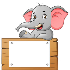 Cute elephant cartoon with white blank paper. Vector illustration