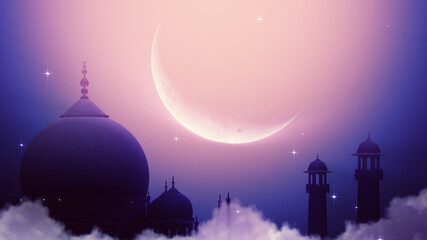 Obraz premium Ramadan Kareem Silhouette Soft Background. Silhouette of Taj Mahal with particle glitter glow and crescent moon on soft background.