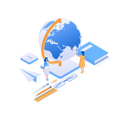 The concept of Education. People and learning tools.Globe, pencil, book, glasses. Elements for educational programs design. Isometric vector illustration. Isolated on white background