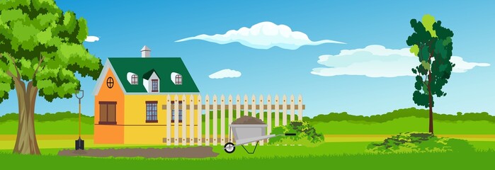 Little farm house with hence, countryside pastoral vector landscape