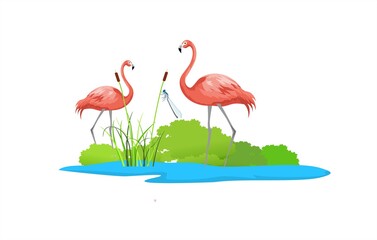 Couple of pink flamingos on the lake,  wildlife, naatural landscape vector