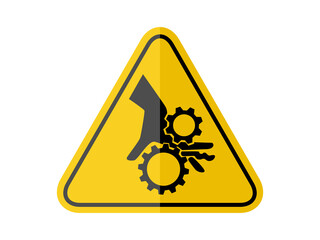 isolated watch out machine operation, common hazards symbols on yellow round triangle board warning sign for icon, label, logo or package industry etc. flat paperwork style vector design. 