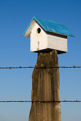 Bluebird box near Bickleton Washington with a classic blue roof on an old fence post against a blue sky background
