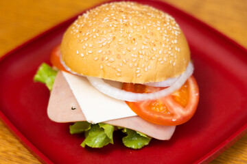 Cheese Hamburger on the red plate favor menu in the morning. Fast Food or junk food menu.