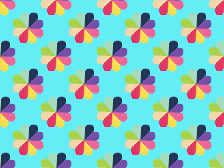 Seamless pattern of colorful sponge flowers on a blue background.
