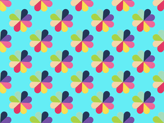 Seamless pattern of colorful sponge flowers on a blue background.