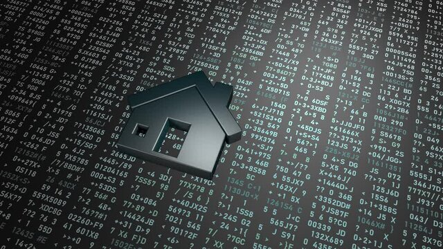 Home icon on the background of numbers and symbols. Home in the modern world of information technology.